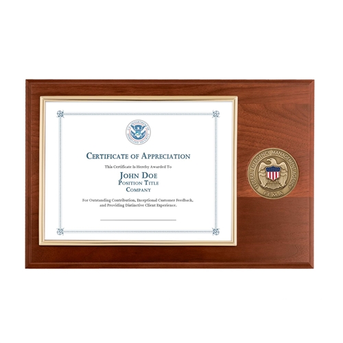 certificate plaque w/ medallion FEMA